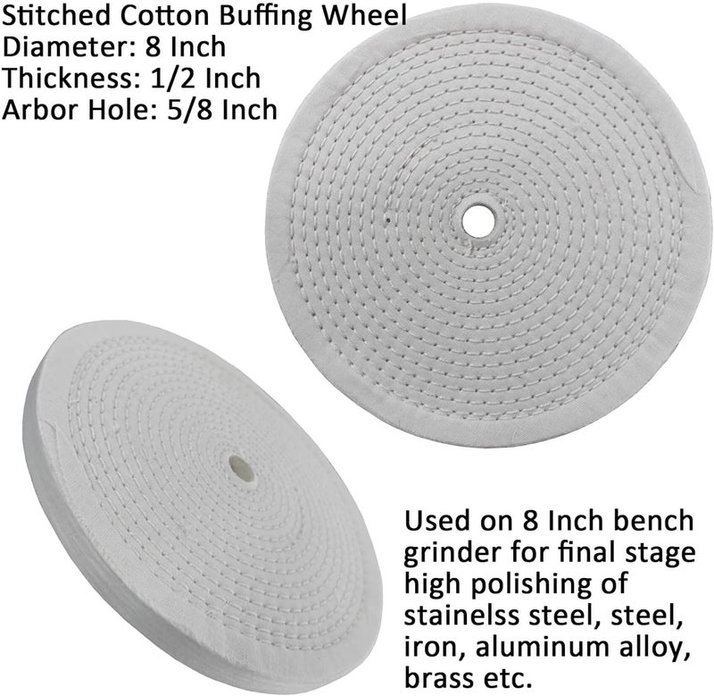 PR PURUI PURUI 2PC 8 Inch Polishing Buffing Wheels for Bench Grinder Spiral Sewn with 5/8" Arbor Hole and 1/2" Thickness White Cotton for Final Finishing on All Metals - Image 2